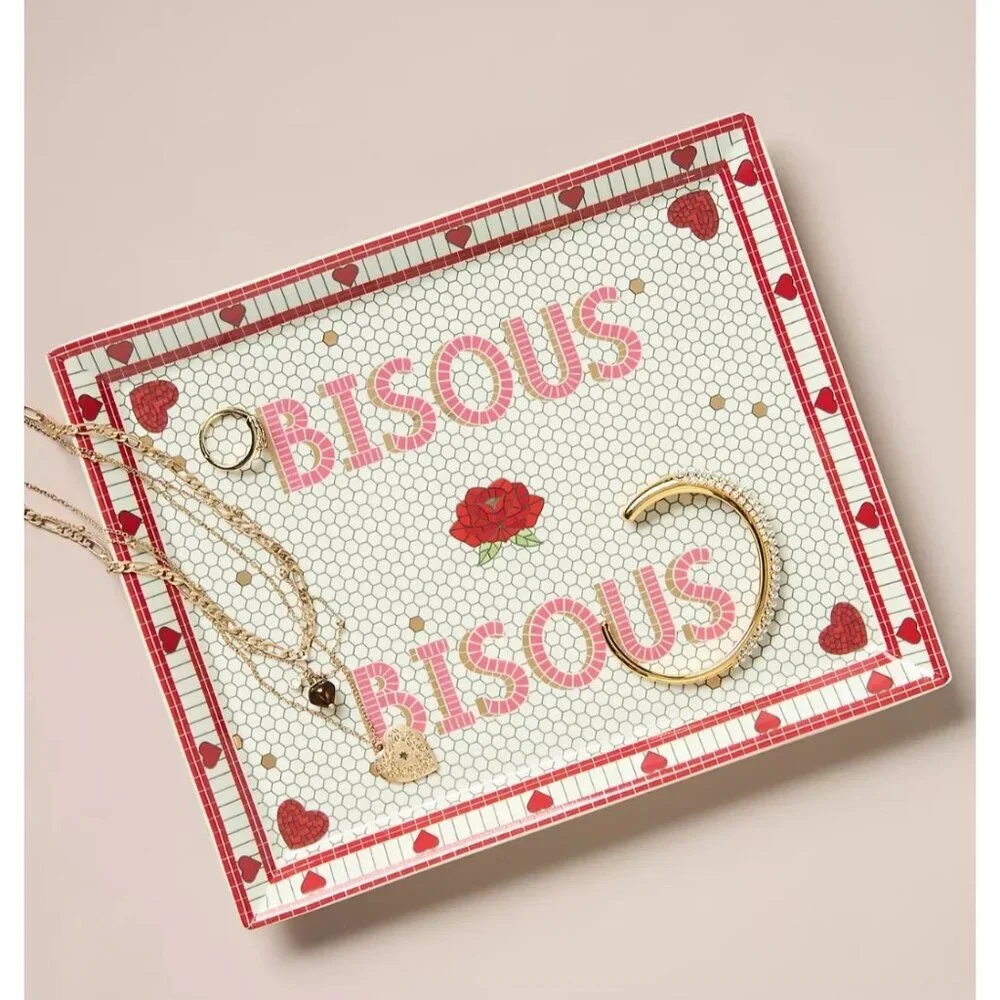 Bistro Tile Stoneware Gold Tone Accent Vanity Tray: Valentine's Edition